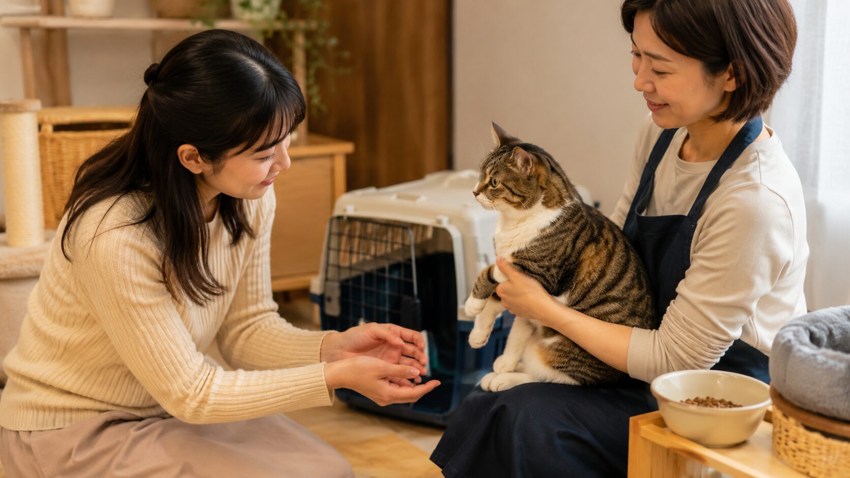 保護猫を迎える場面で、日本人女性が猫と対面し譲渡の流れを確認している様子