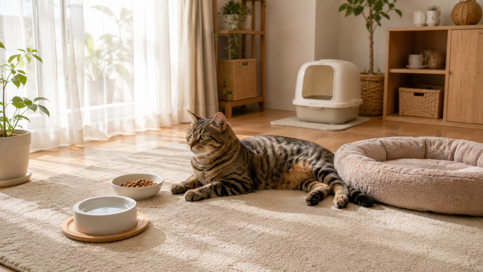 留守番中の成猫が安全な部屋でくつろぐ様子
