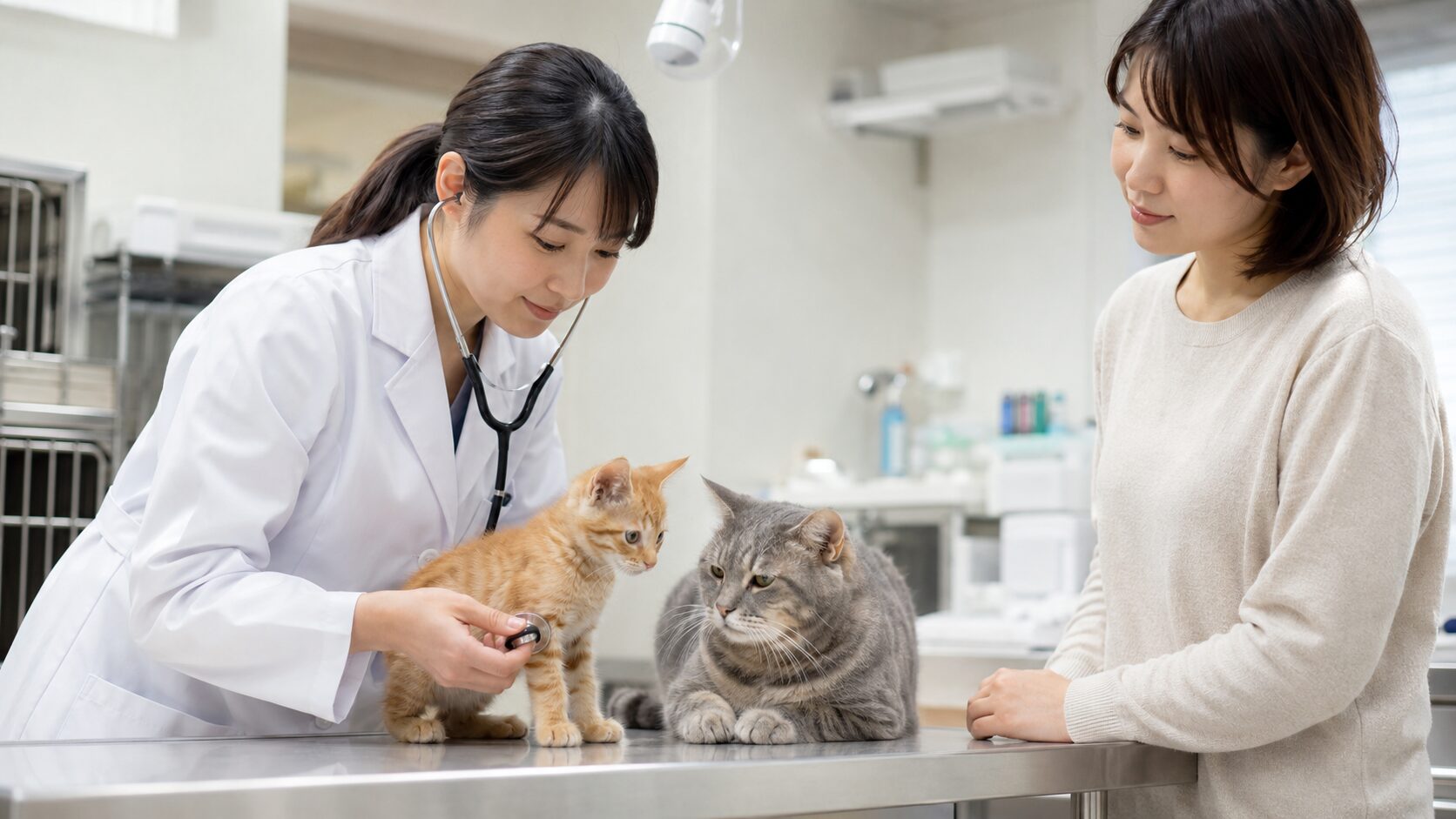 動物病院で子猫と成猫を診察する獣医師