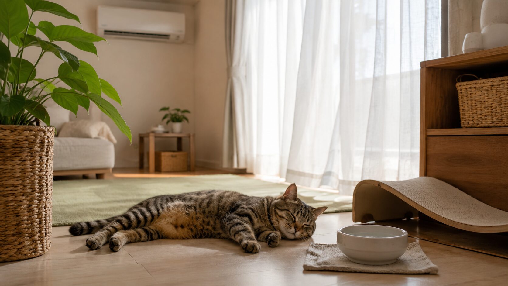 エアコンで室温管理された部屋で猫が留守番する様子