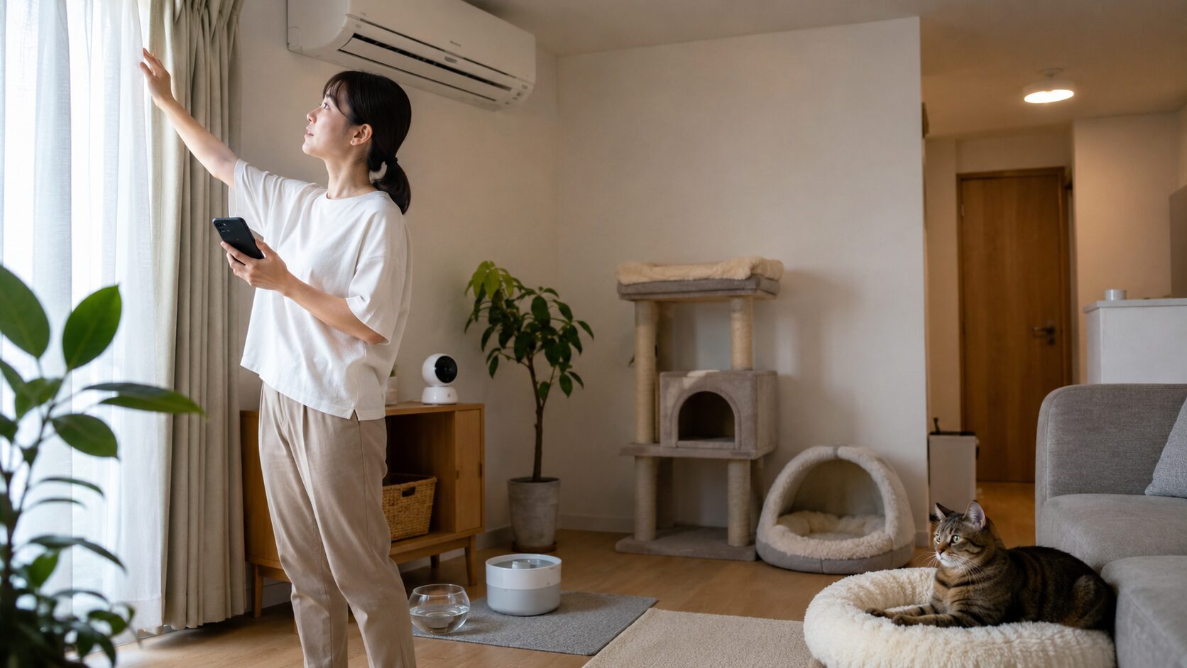 外出前に飼い主がカーテンやエアコン環境を確認し猫の留守番準備をする様子