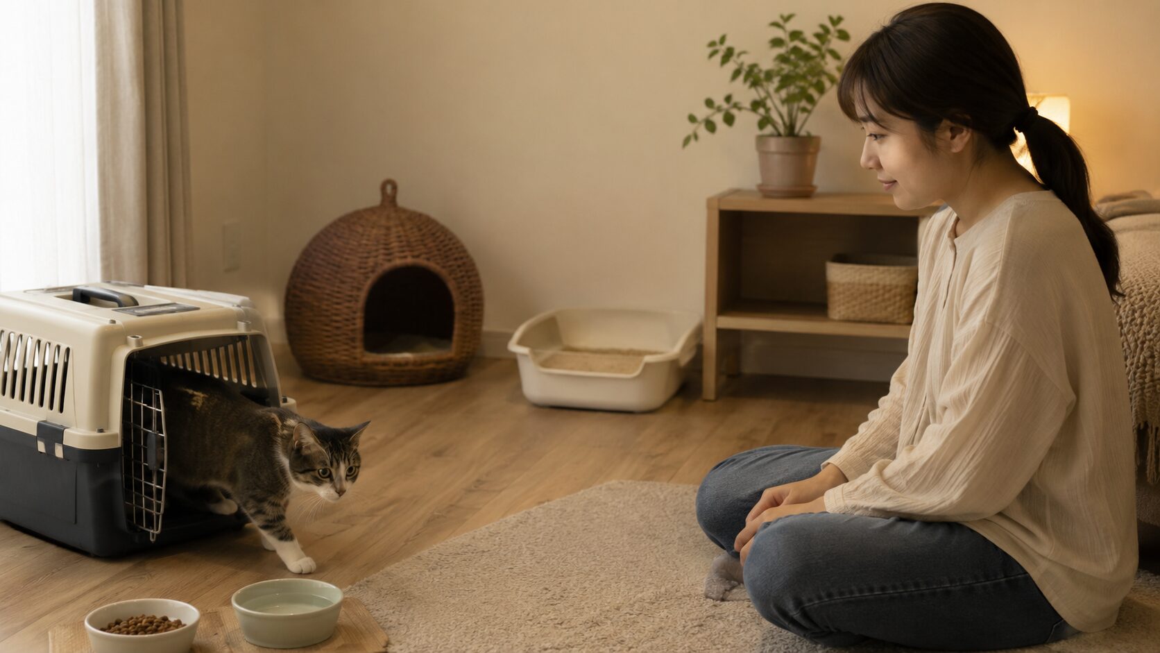 お迎え初日にキャリーから出た猫を静かに見守る飼い主