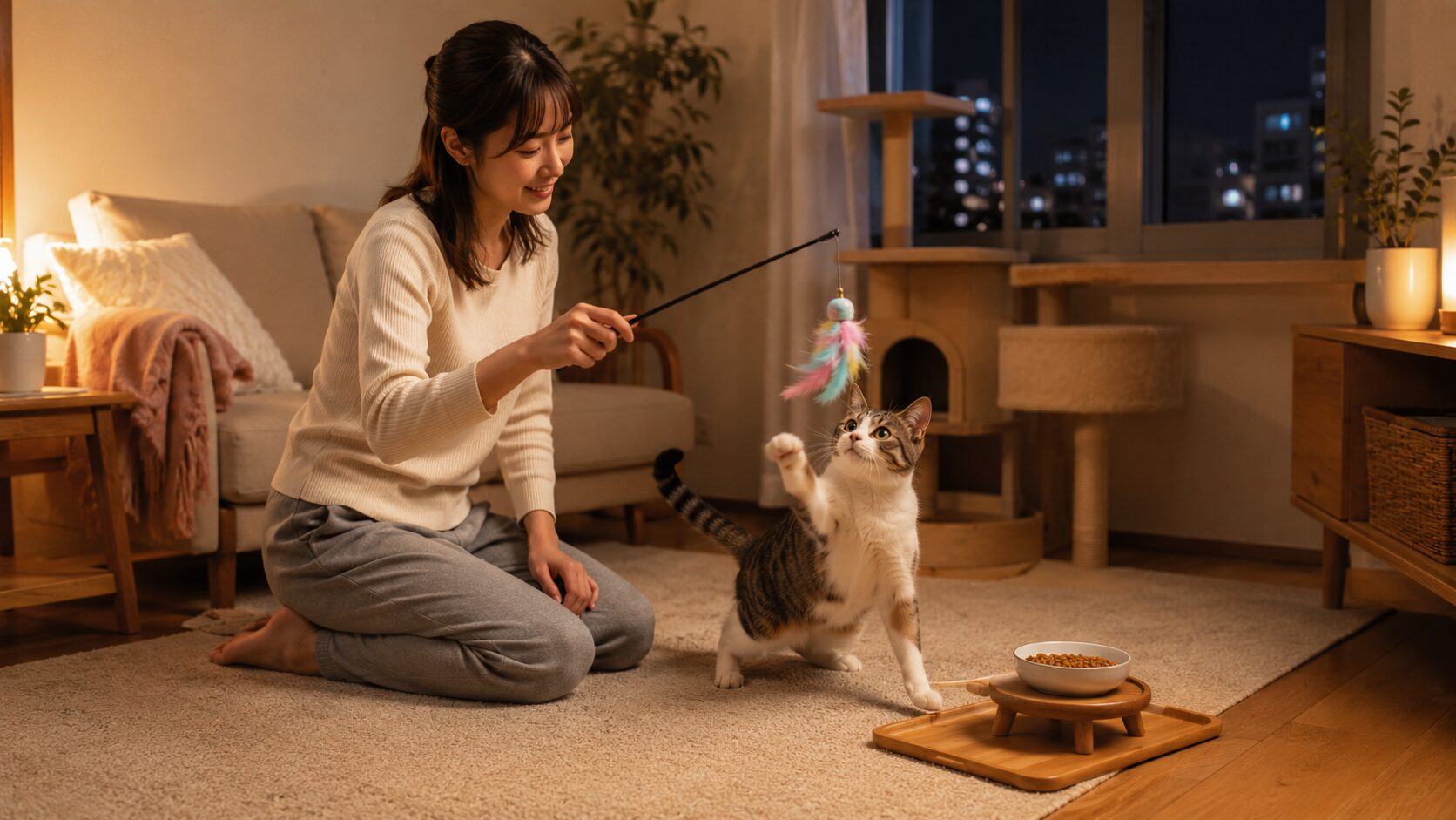 猫の夜鳴き対策として就寝前に遊んでごはんを用意する様子