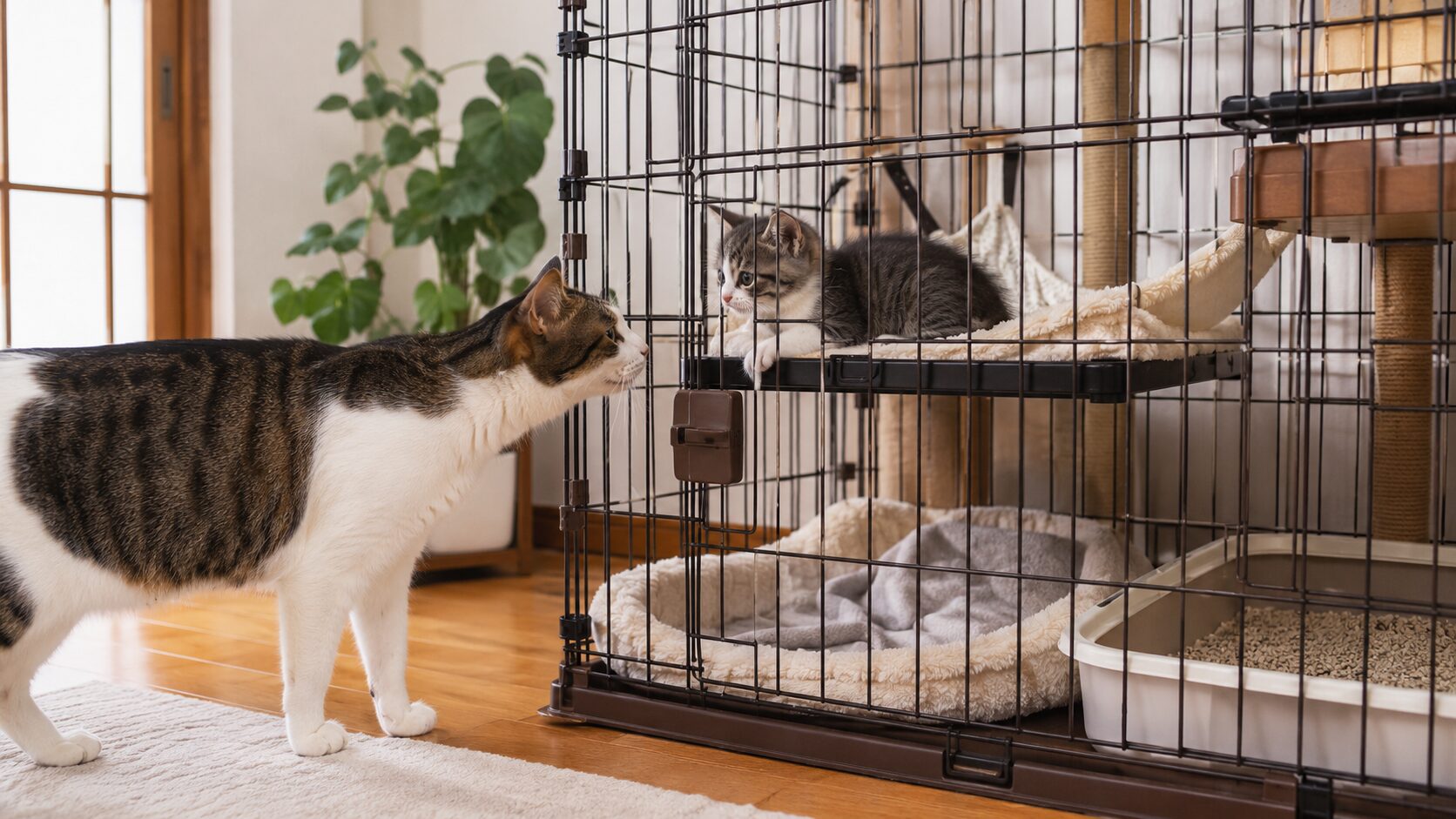 ケージ越しに子猫と先住猫が安全に対面している猫ケージの使い方