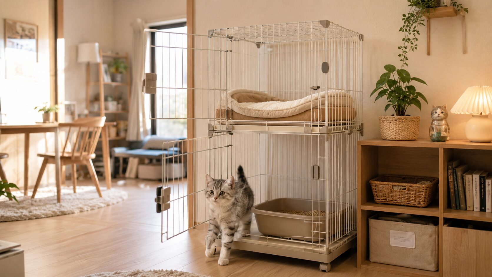 猫ケージから子猫が出てくる安心できる室内環境と一人暮らし向けの猫ケージ配置