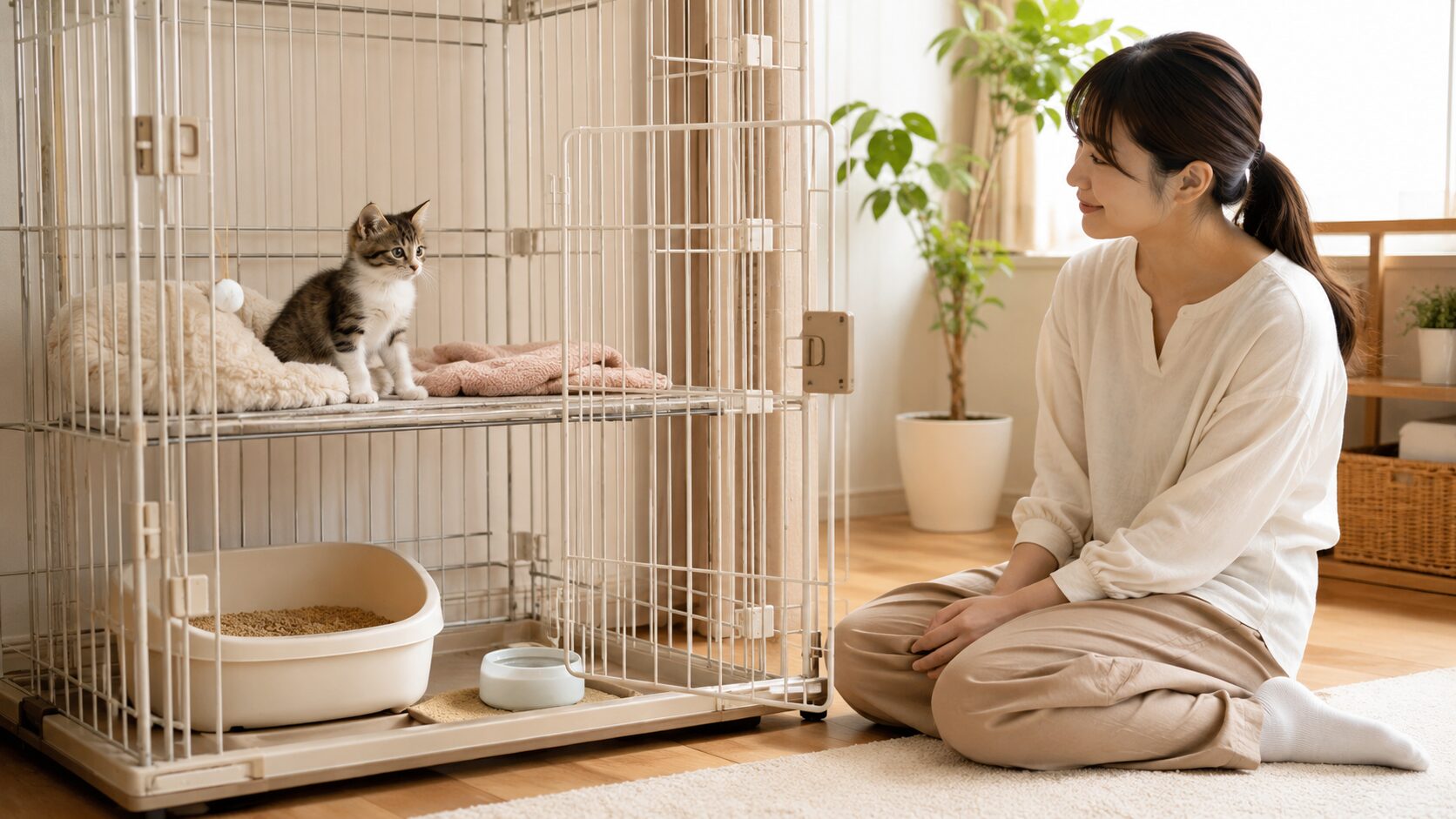 子猫が猫ケージ内のベッドで安心して過ごし、日本人女性がやさしく見守る様子