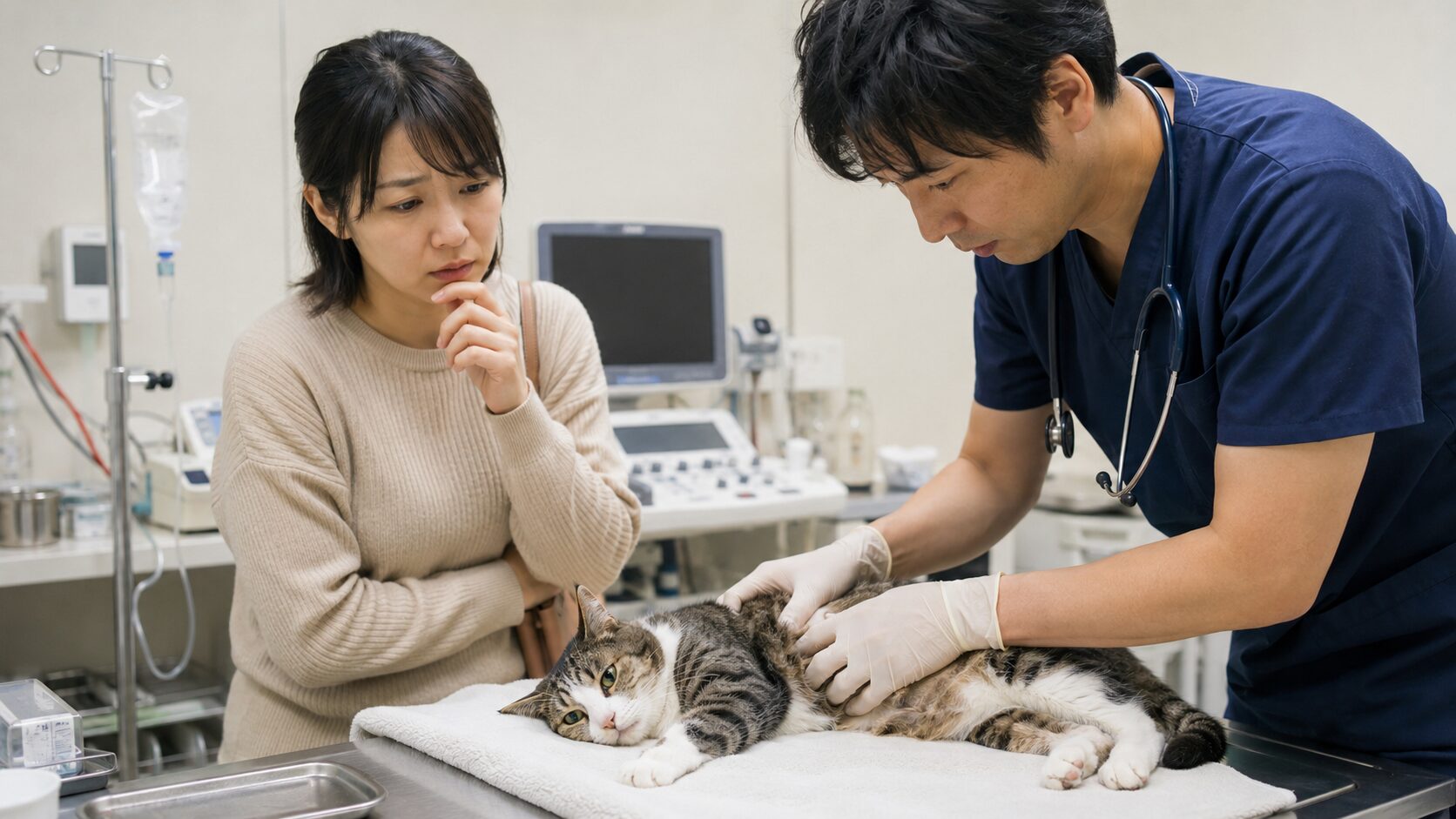 動物病院で体調不良の猫を診察する獣医師と心配する飼い主