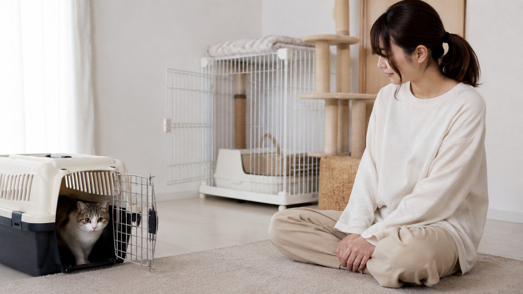 初日にキャリーから出る猫を無理に触らず見守る日本人女性