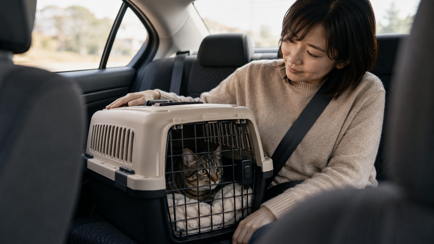 車内でキャリーに入った猫を静かに見守るお迎え初日の移動対策