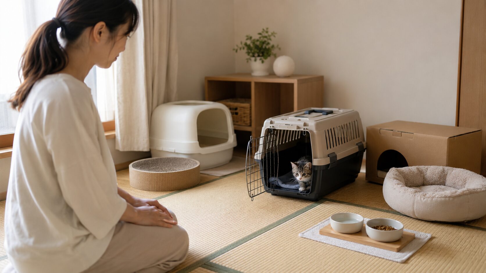 猫が家に来た日にキャリーから自分で出るのを静かに待つ日本人女性