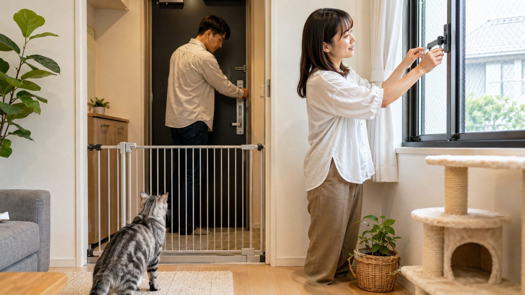 猫を迎えた初日に玄関ゲートと窓ロックで脱走防止対策を確認する日本人夫婦