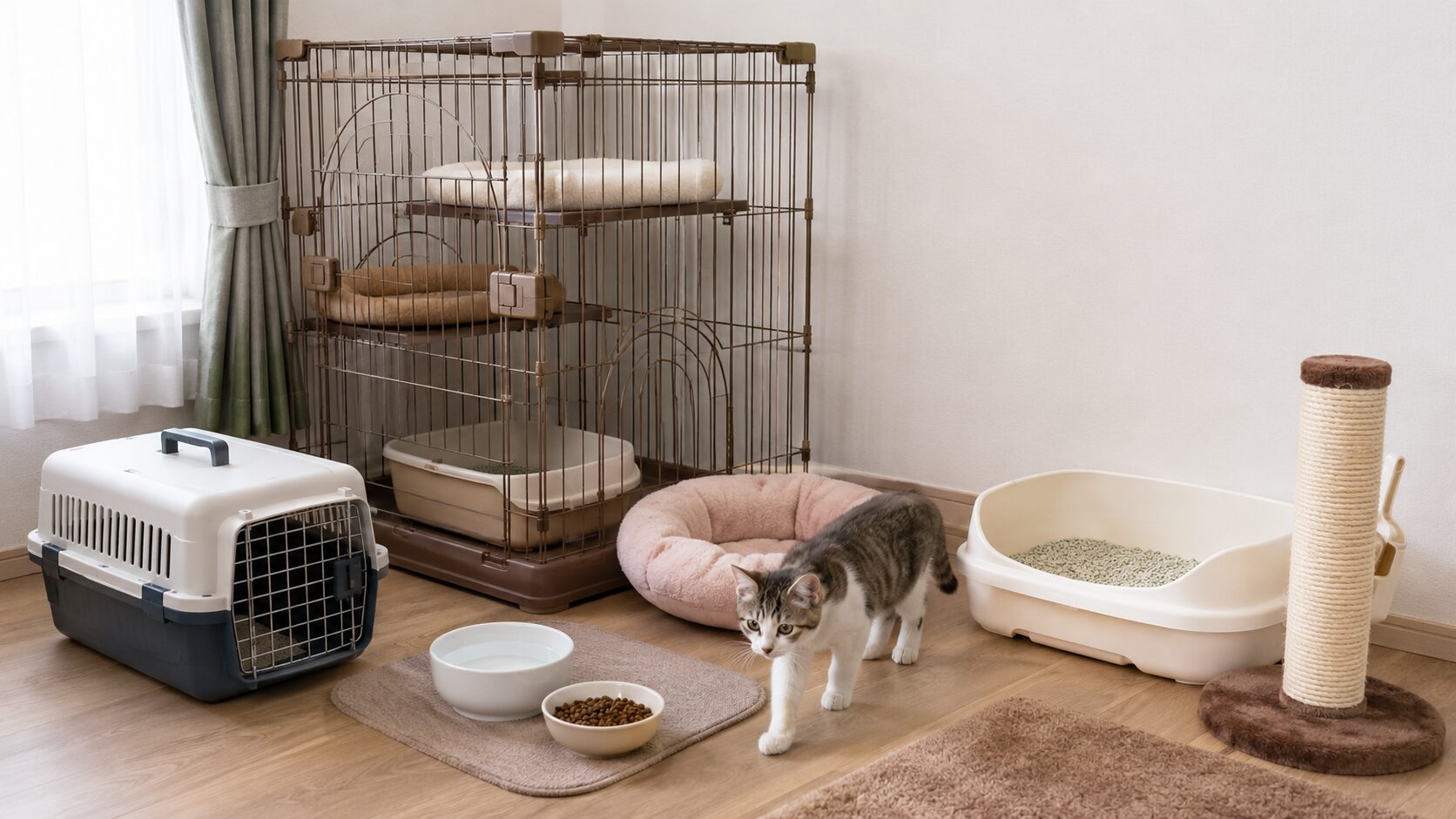 猫を迎える初日に必要なケージやトイレなどの基本用品をそろえた室内