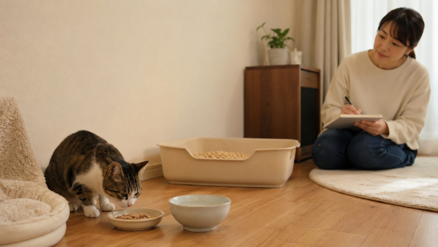 初日にごはんや水を確認しながら猫の食欲と体調を記録する様子