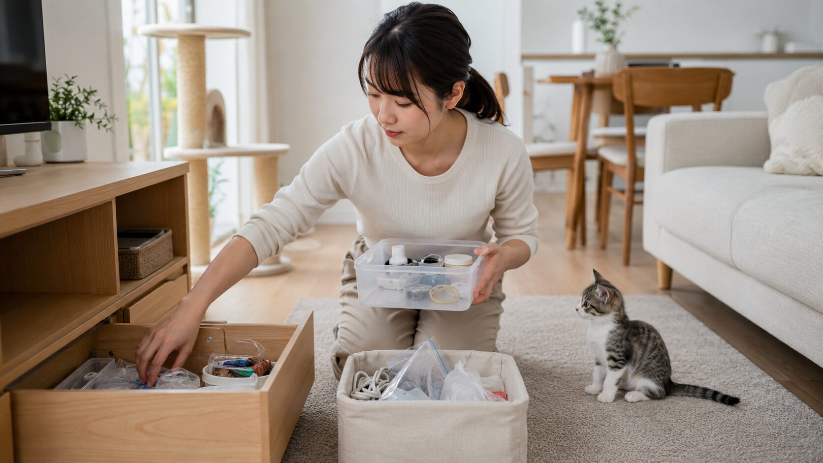 子猫を迎える前に紐やビニールなど誤飲しやすい小物を片づける日本人女性