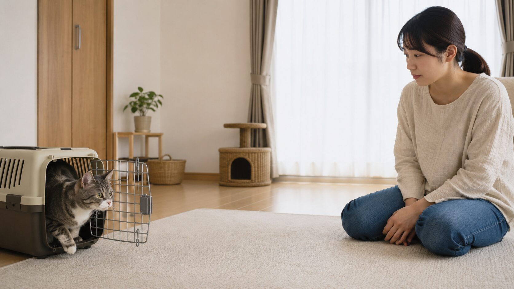 猫を迎えて1週間の初日、静かな部屋でキャリーから出る猫を日本人女性が見守る様子
