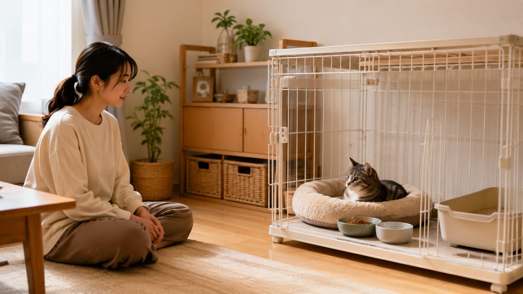 猫を迎えた初日にケージ内で休む猫と静かに見守る日本人女性