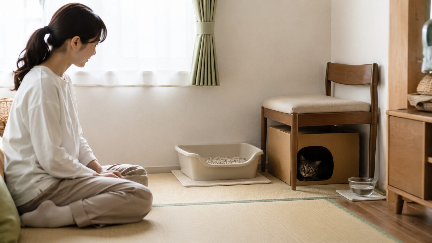 猫を迎えた初日に移行室で隠れ場所とトイレを用意し静かに見守る日本人女性