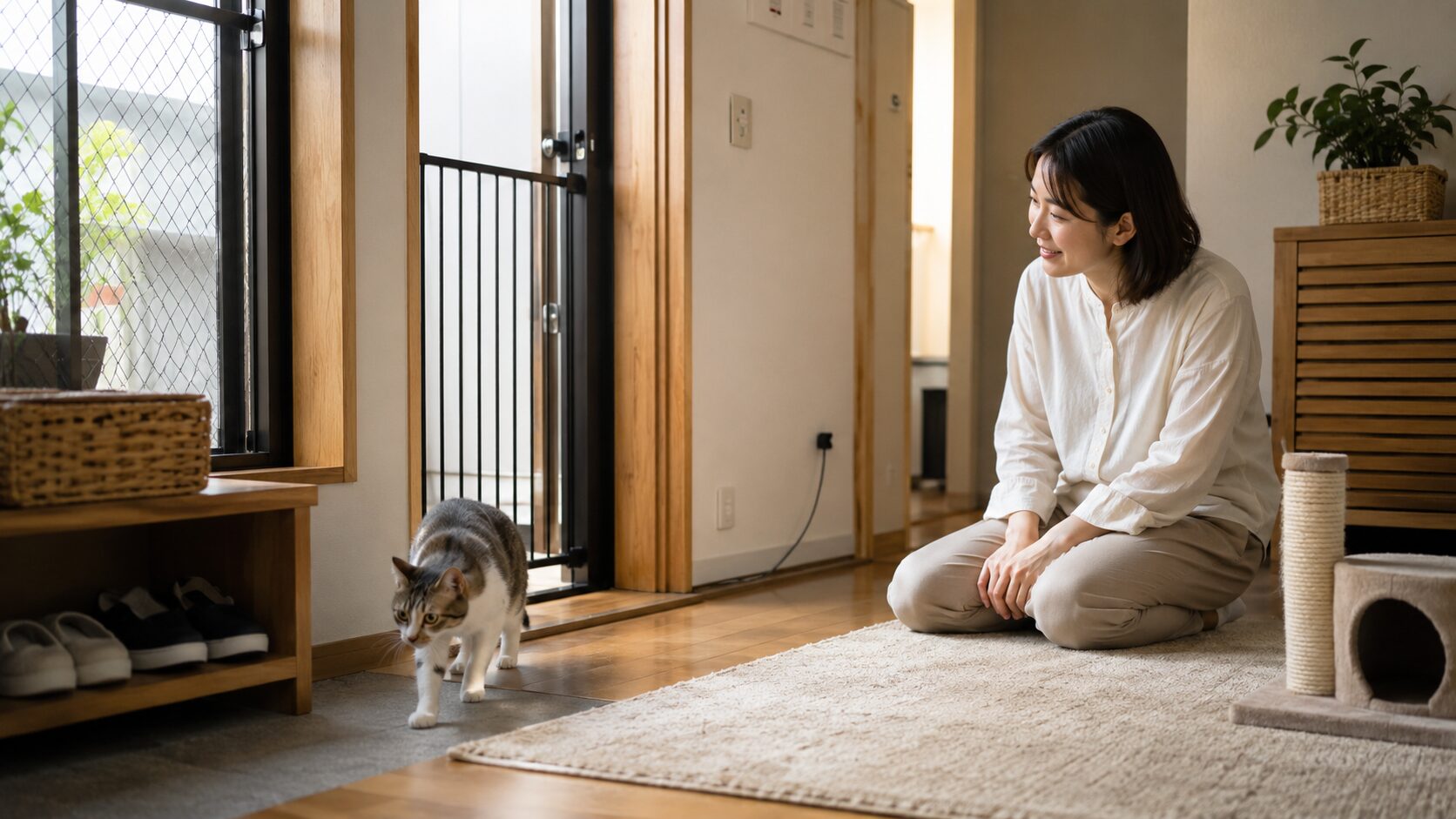 玄関や窓の脱走対策をした室内で猫が少しずつ探索する様子