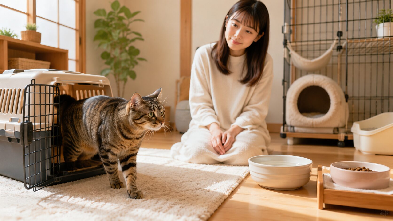 猫を迎えて1週間の初日、キャリーから出る猫を日本人女性が静かに見守る安心できる室内環境