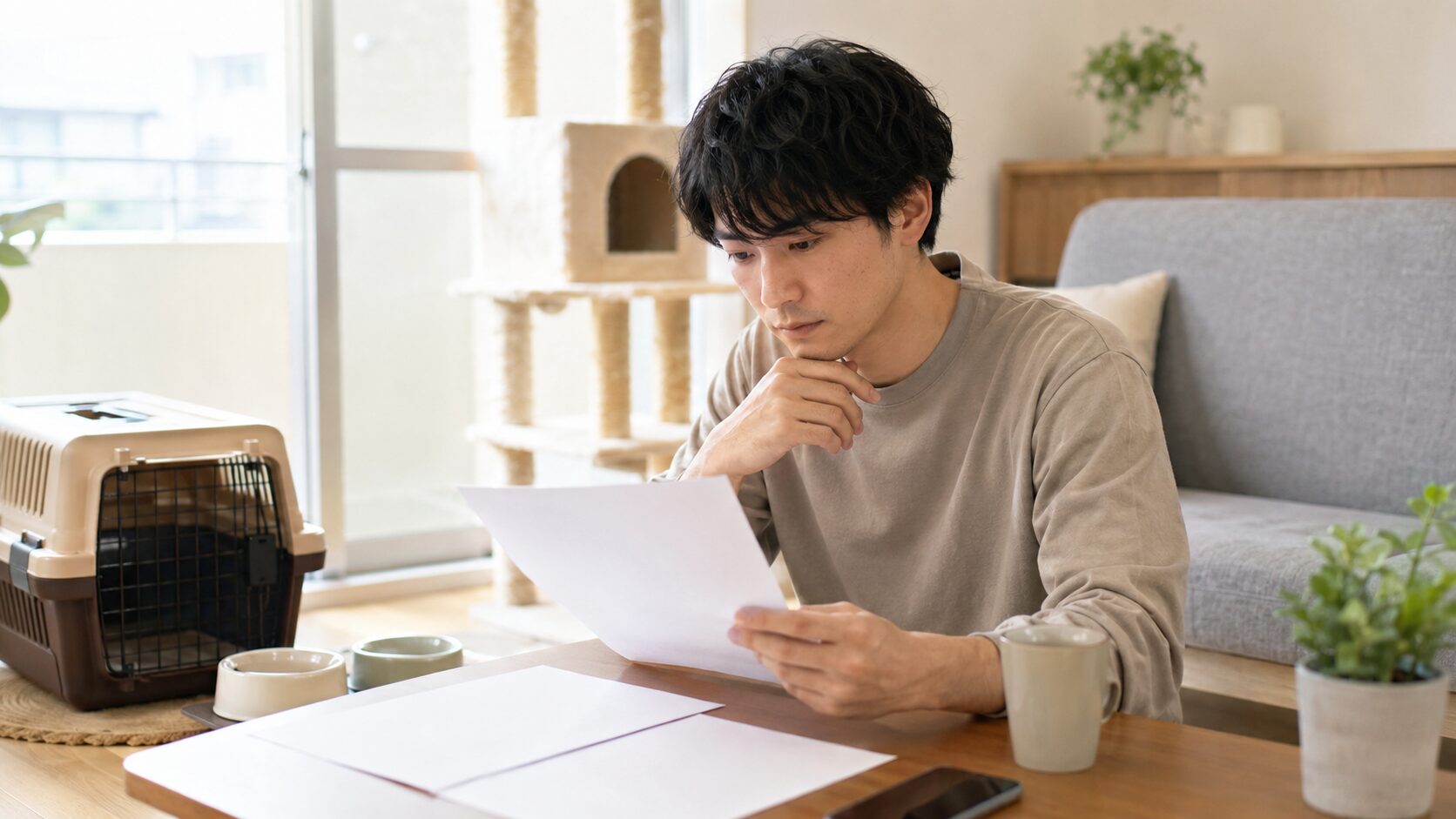 保護猫を迎える前に、猫可の賃貸条件や必要書類を確認する一人暮らしの日本人男性