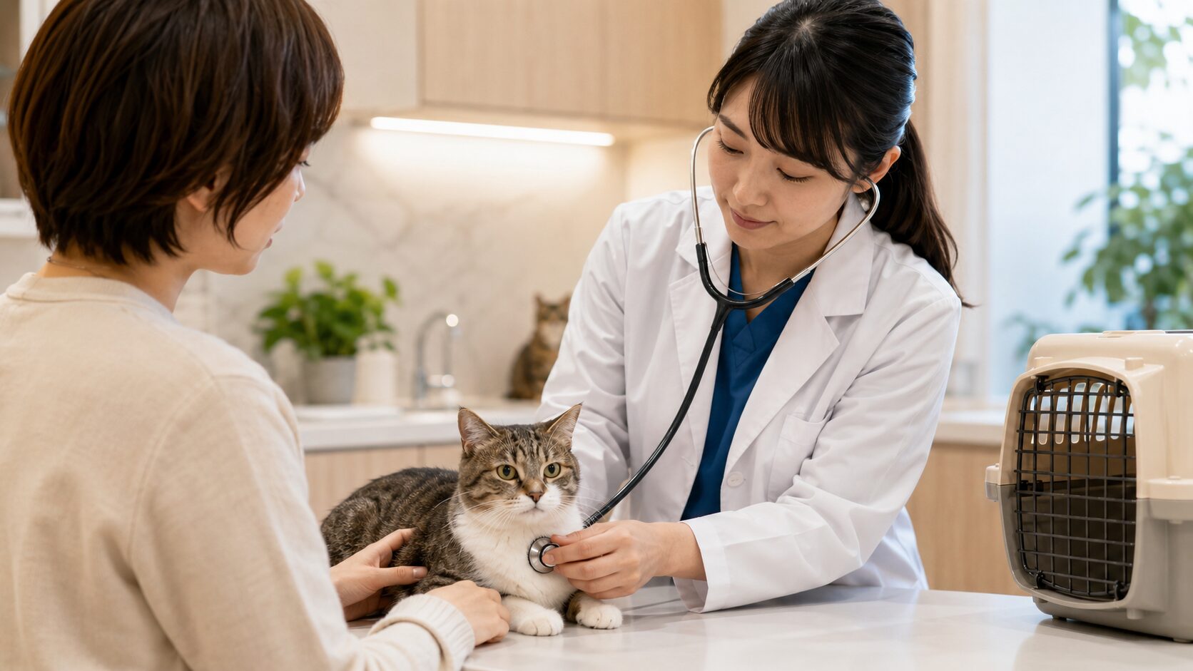 猫の健康診断で、獣医師がキャリー横の猫を診察している様子