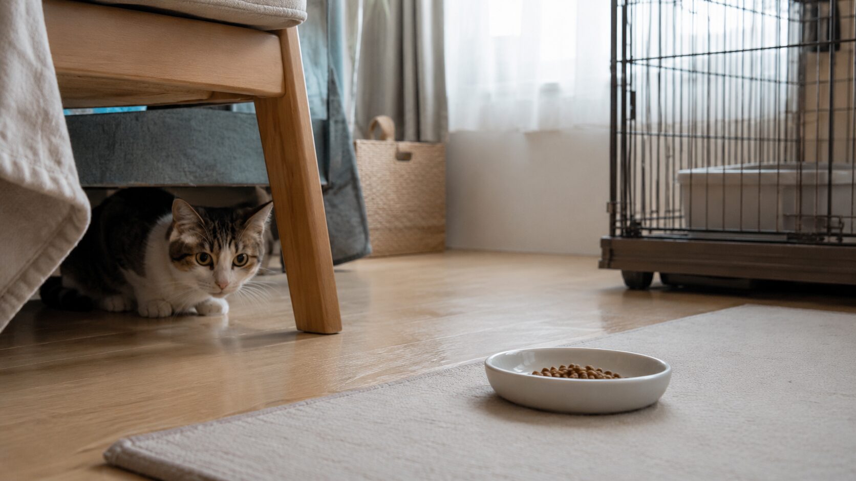 迎えた初日にごはんを食べず家具の下に隠れる猫