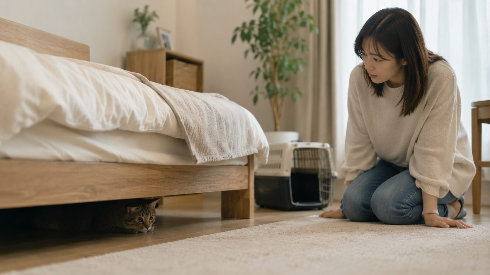 猫を迎えた初日にベッド下へ隠れる猫を、無理に触らず見守る日本人女性