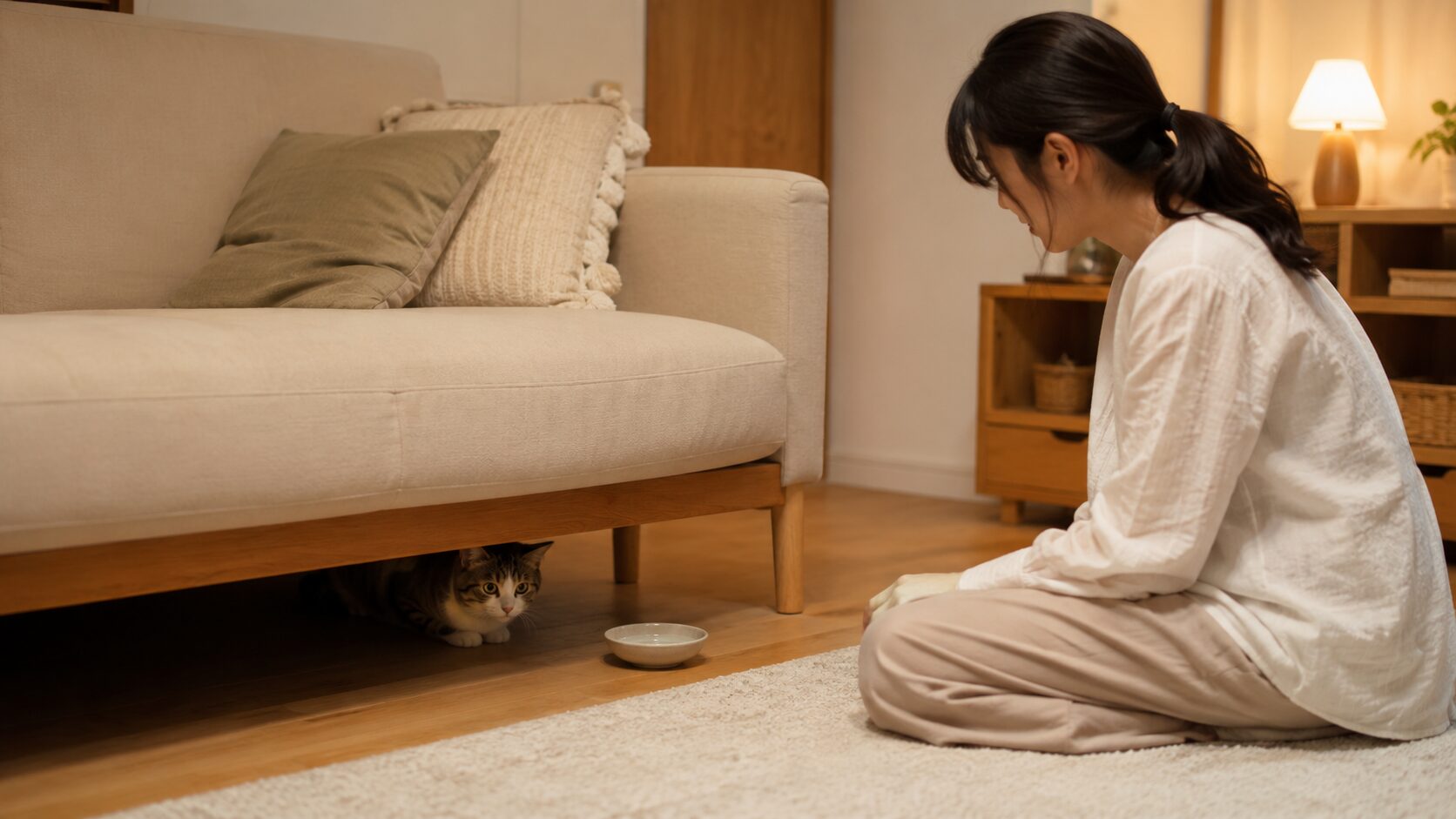 猫が初日に隠れて出てこない時、ソファ下の猫を無理に出さず見守る日本人女性