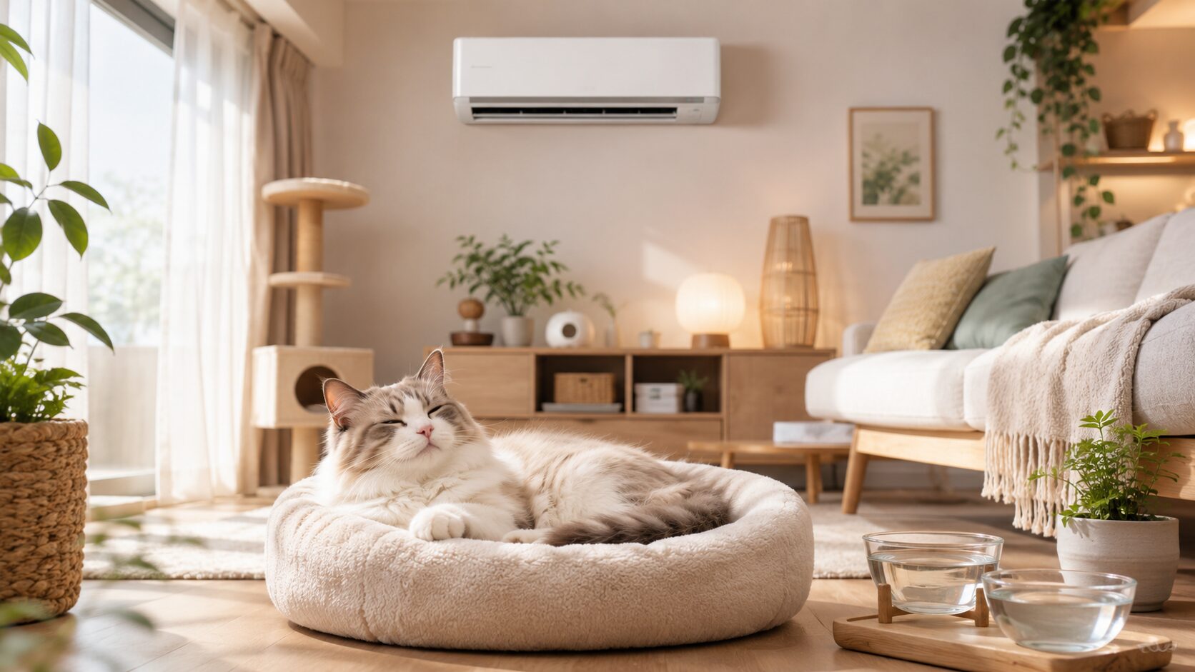 エアコンで室温管理された明るいリビングで猫がベッドにくつろぐ留守番対策のアイキャッチ画像