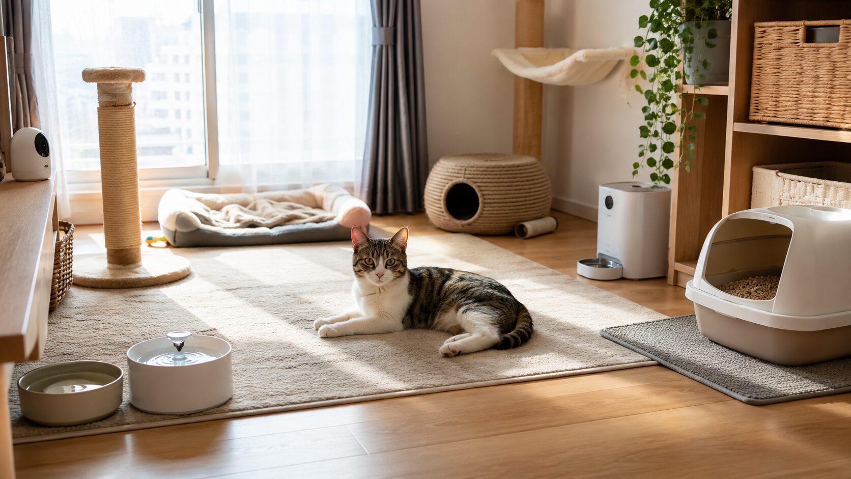 賃貸で猫が安全に留守番できるよう水やトイレや室内環境を整えた部屋