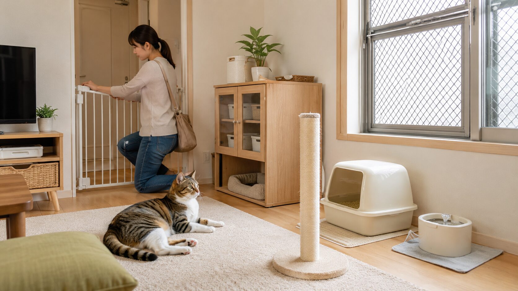 猫の留守番前に玄関ゲートや窓の脱走防止対策を確認する日本人女性