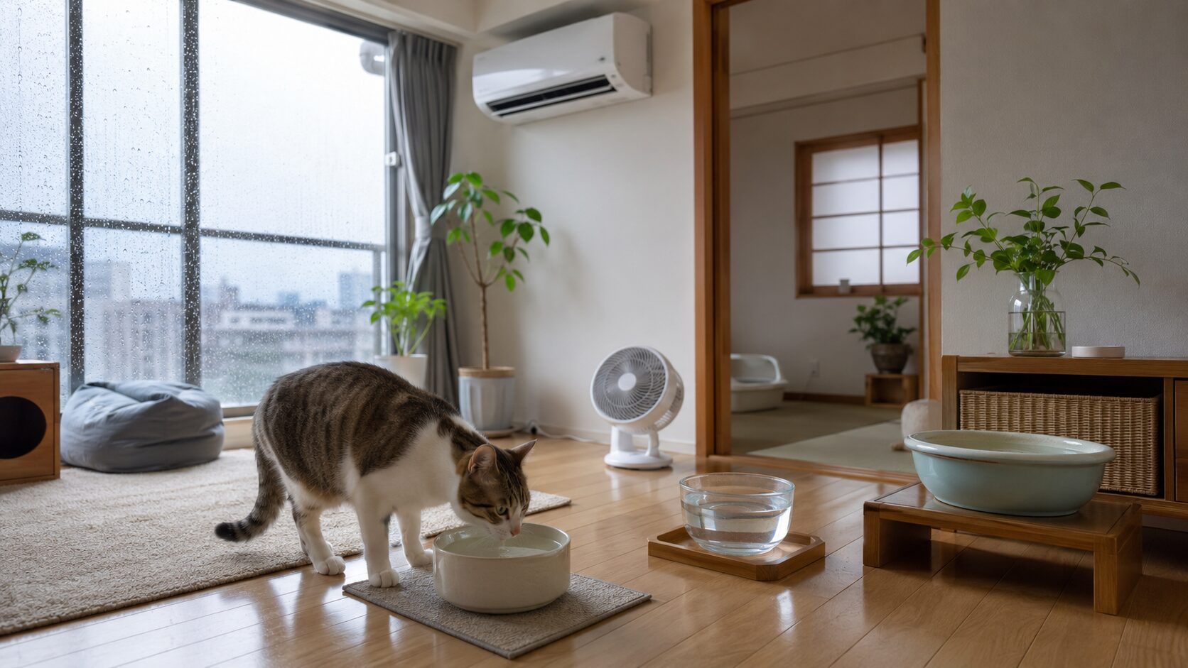 雨の日の室内で複数の水皿を用意し猫の水分補給と湿度対策をしている様子