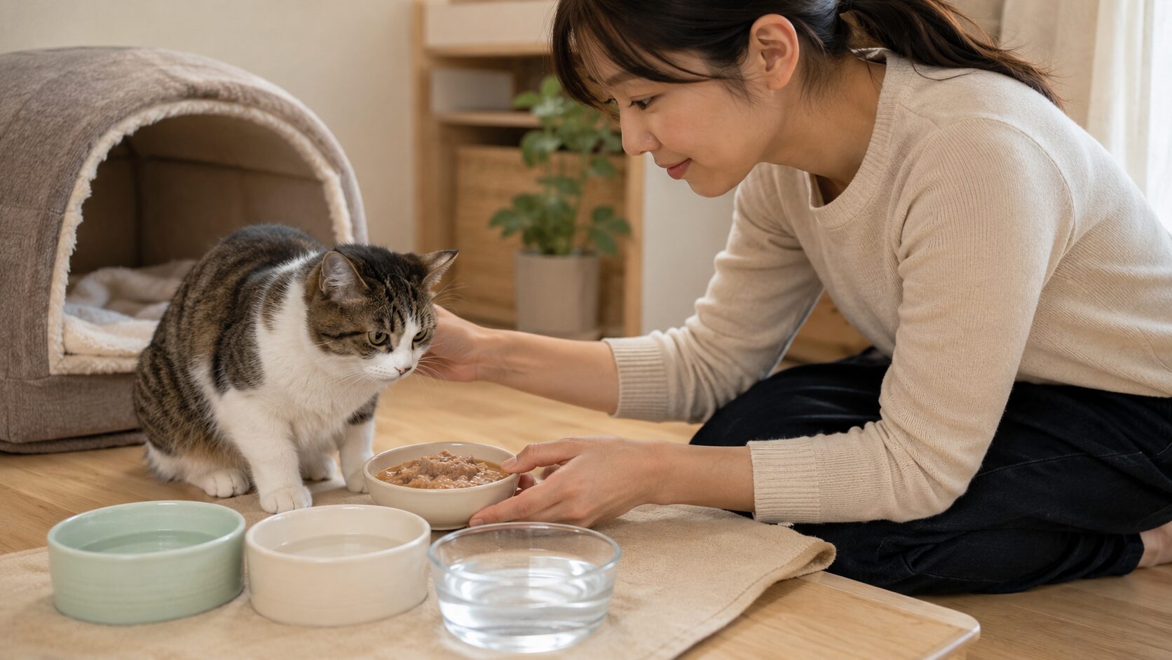 水を飲まない猫にウェットフードと複数の水皿を用意する様子