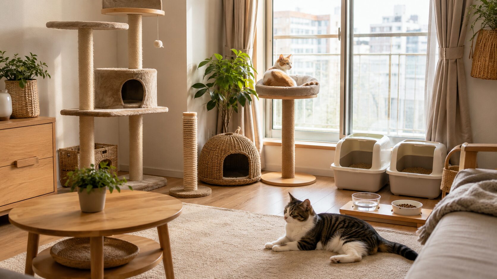 猫の脱走欲求を減らすために室内環境を整えたリビングとくつろぐ猫