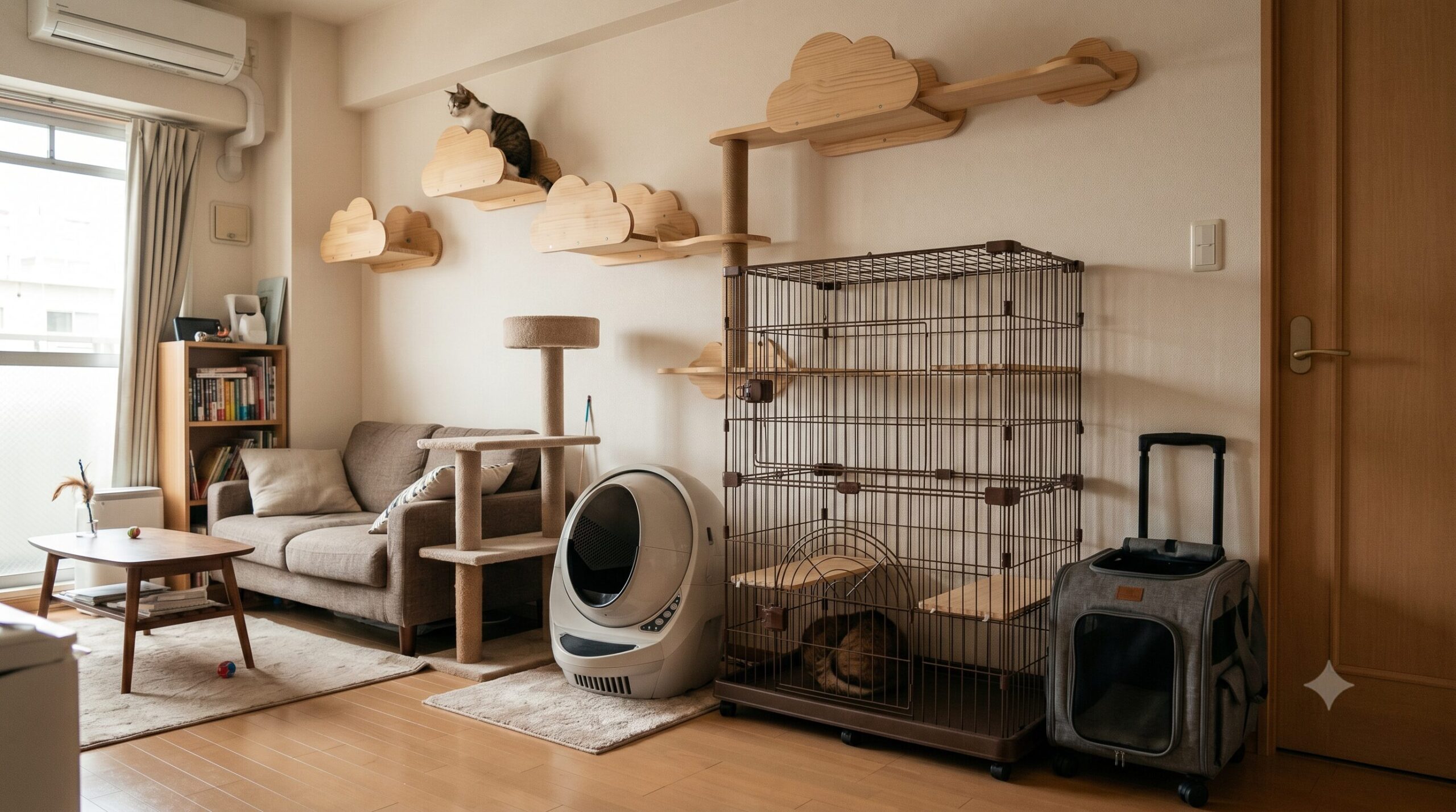 一人暮らしのワンルームマンションで猫を飼うために揃えたケージ、猫トイレ、キャットタワー、キャリーバッグなどの初期飼育用品