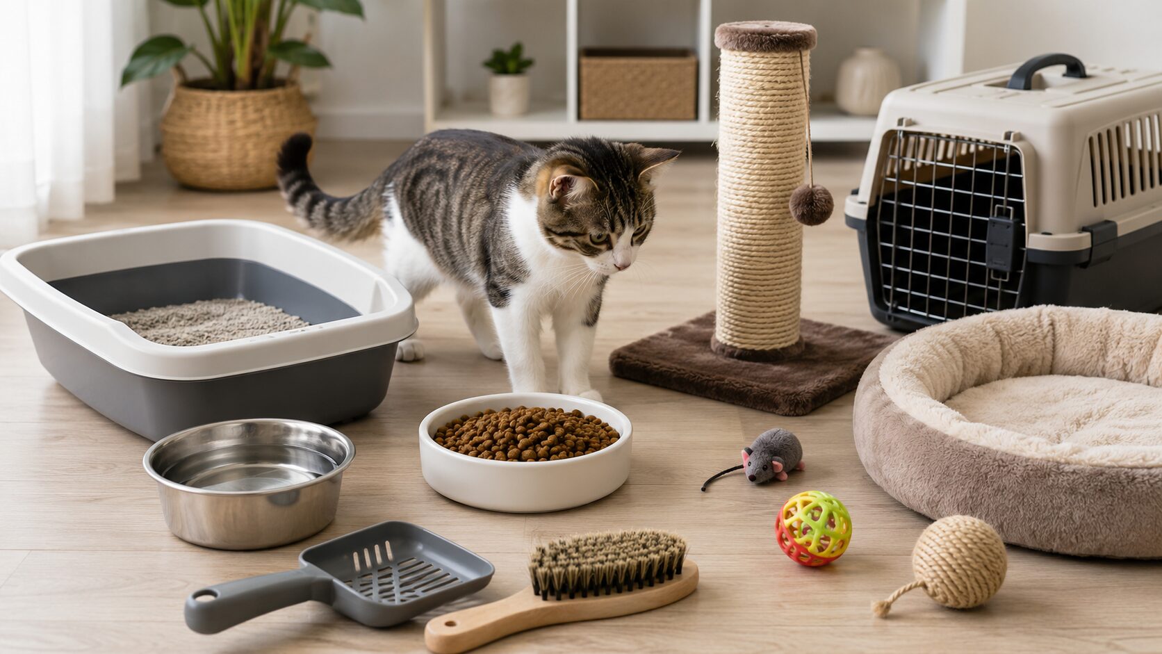 猫を迎える初期費用の準備として、トイレ、キャリー、フード、水皿、爪とぎ、ベッドなどの猫用品をそろえた様子
