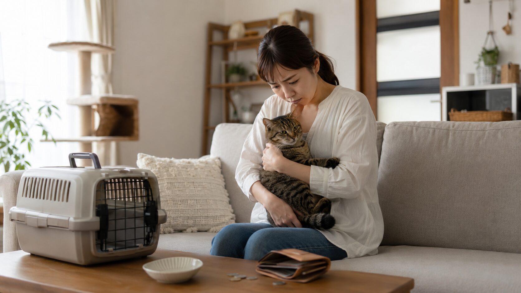 猫を抱く日本人女性が急な医療費に不安を感じる様子