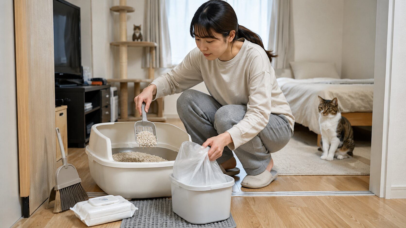 日本人女性が猫トイレを掃除し臭い対策をしている一人暮らしの室内