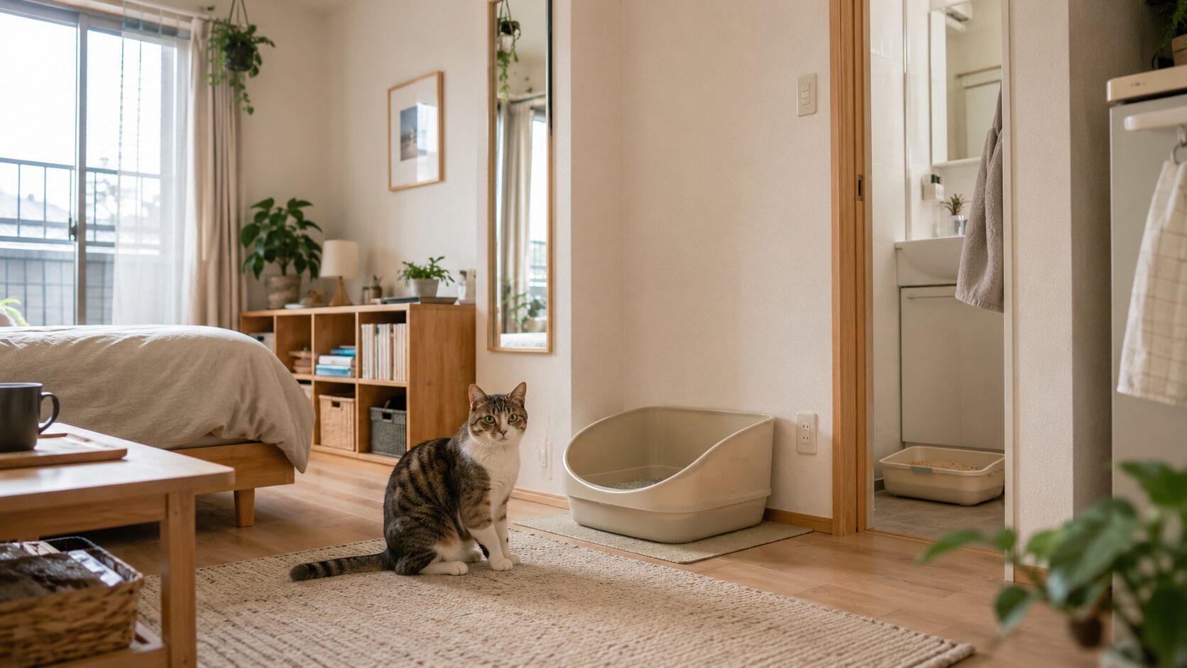 ワンルームで猫一匹に複数の猫トイレを用意した室内レイアウト