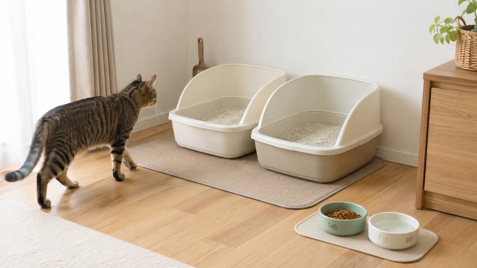 猫が使いやすいように静かな場所へ設置した2つの猫トイレと食器