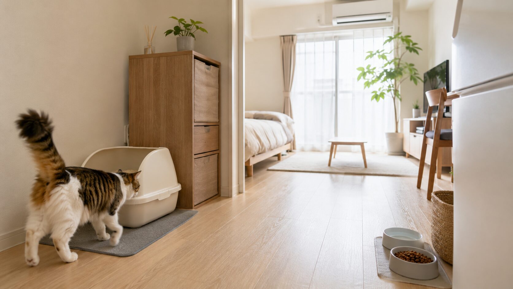 食事場所から離れた静かな場所に猫トイレを置いたワンルームの配置例