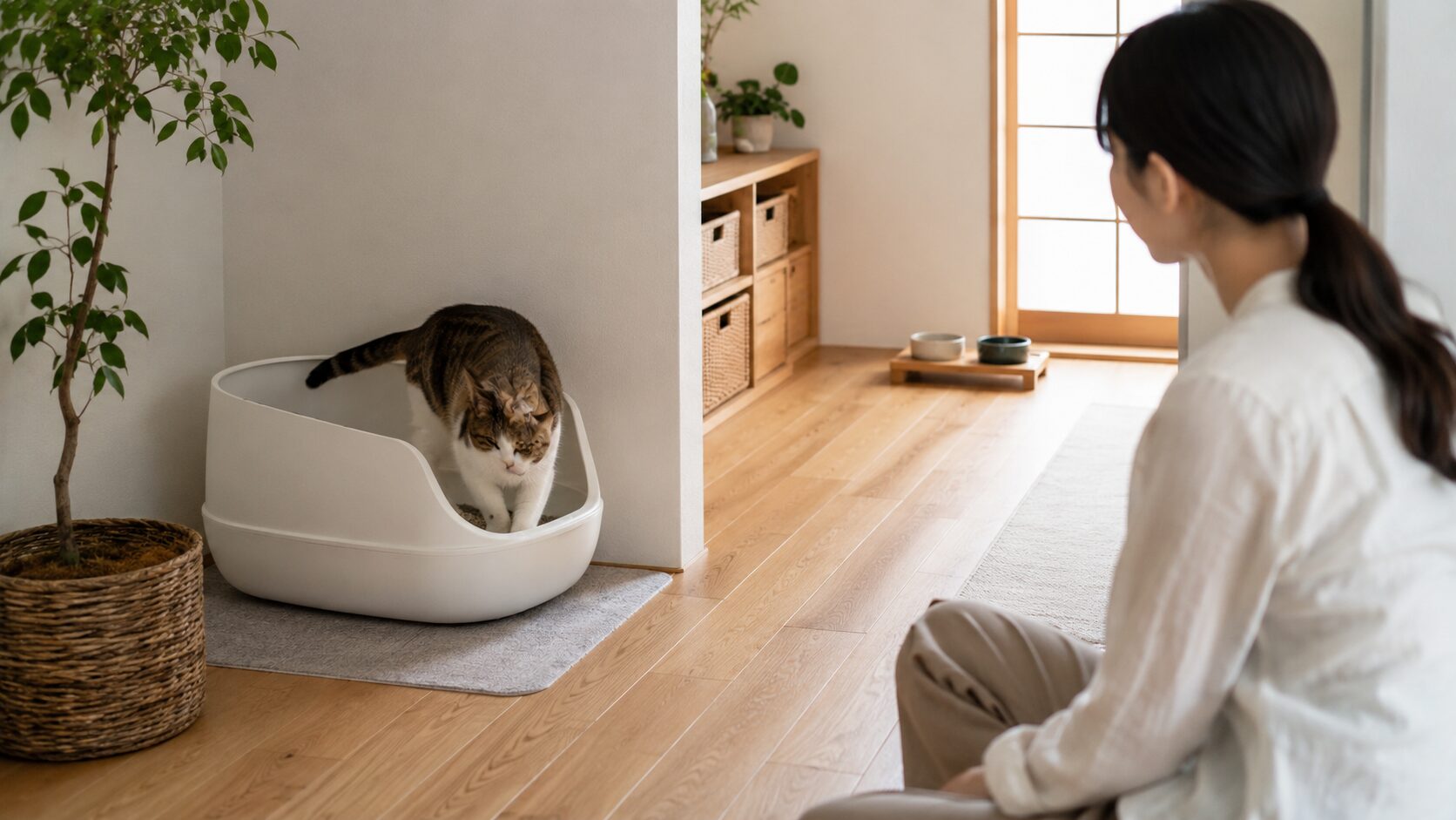 猫を迎えたばかりのトイレ環境、静かな場所に置いた清潔な猫トイレを使う猫