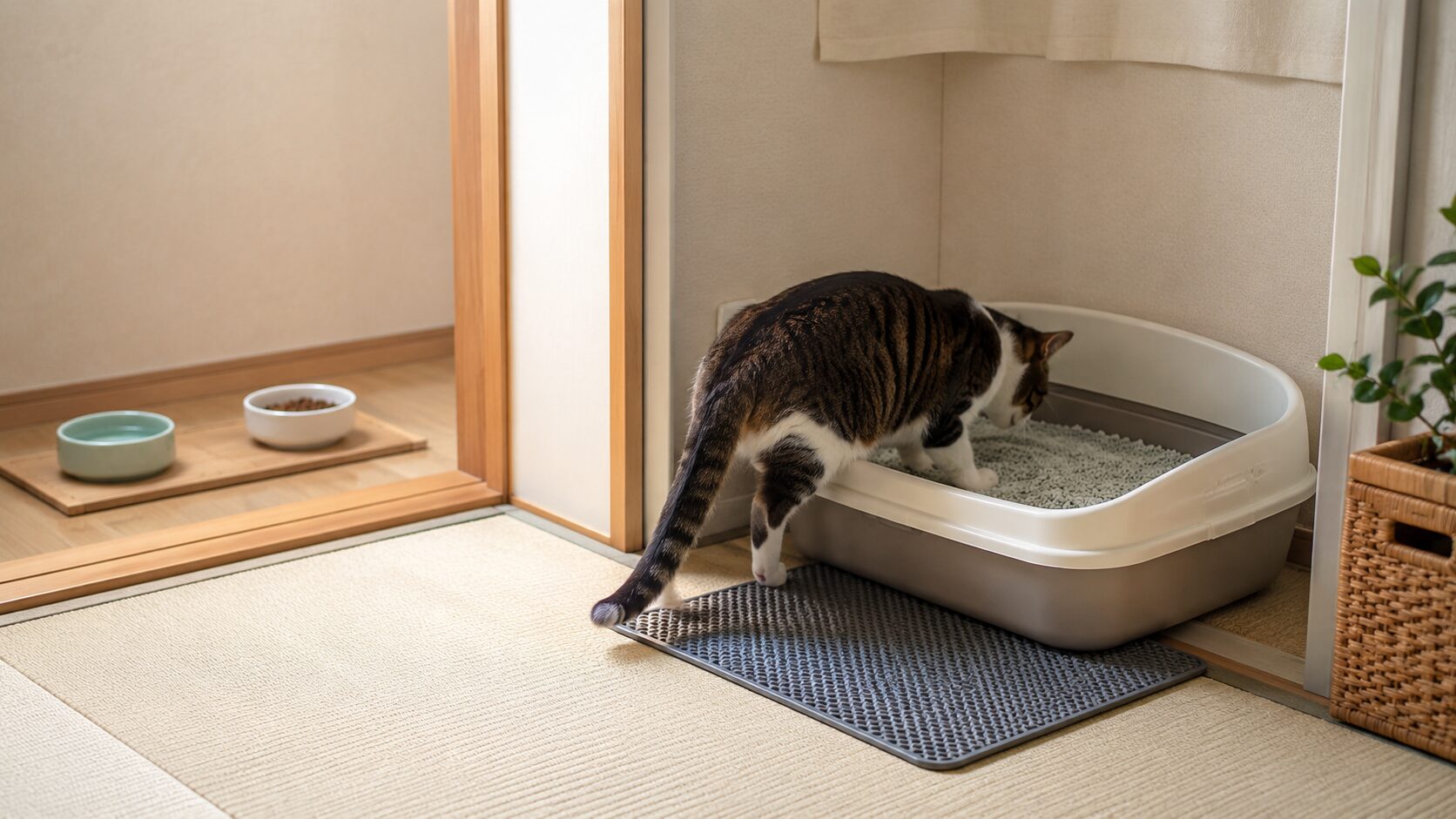 静かな場所に設置したトイレを確認する猫と離して置いた食器