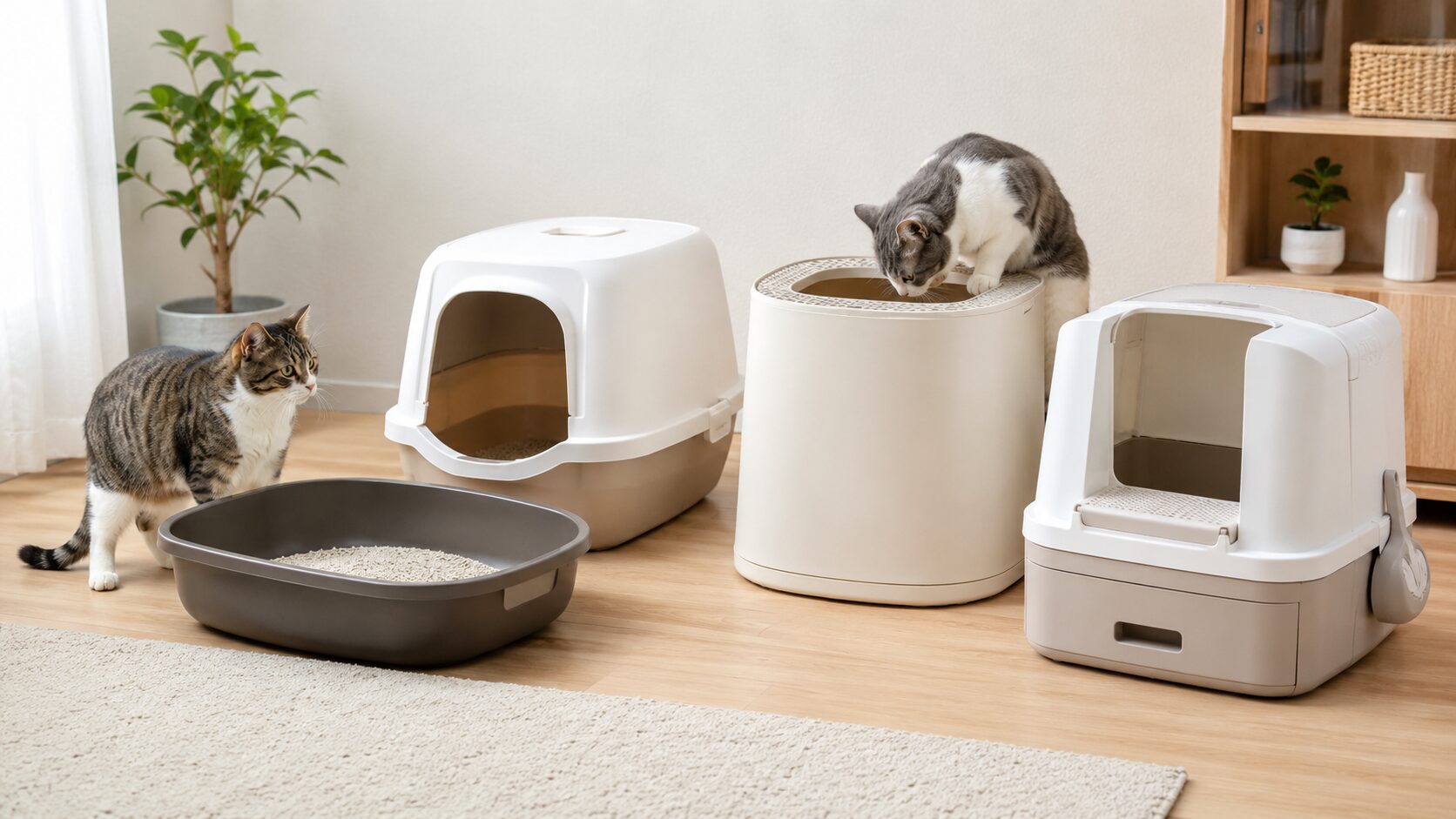 開放型や屋根付き型など複数の猫トイレタイプを比較できる室内画像