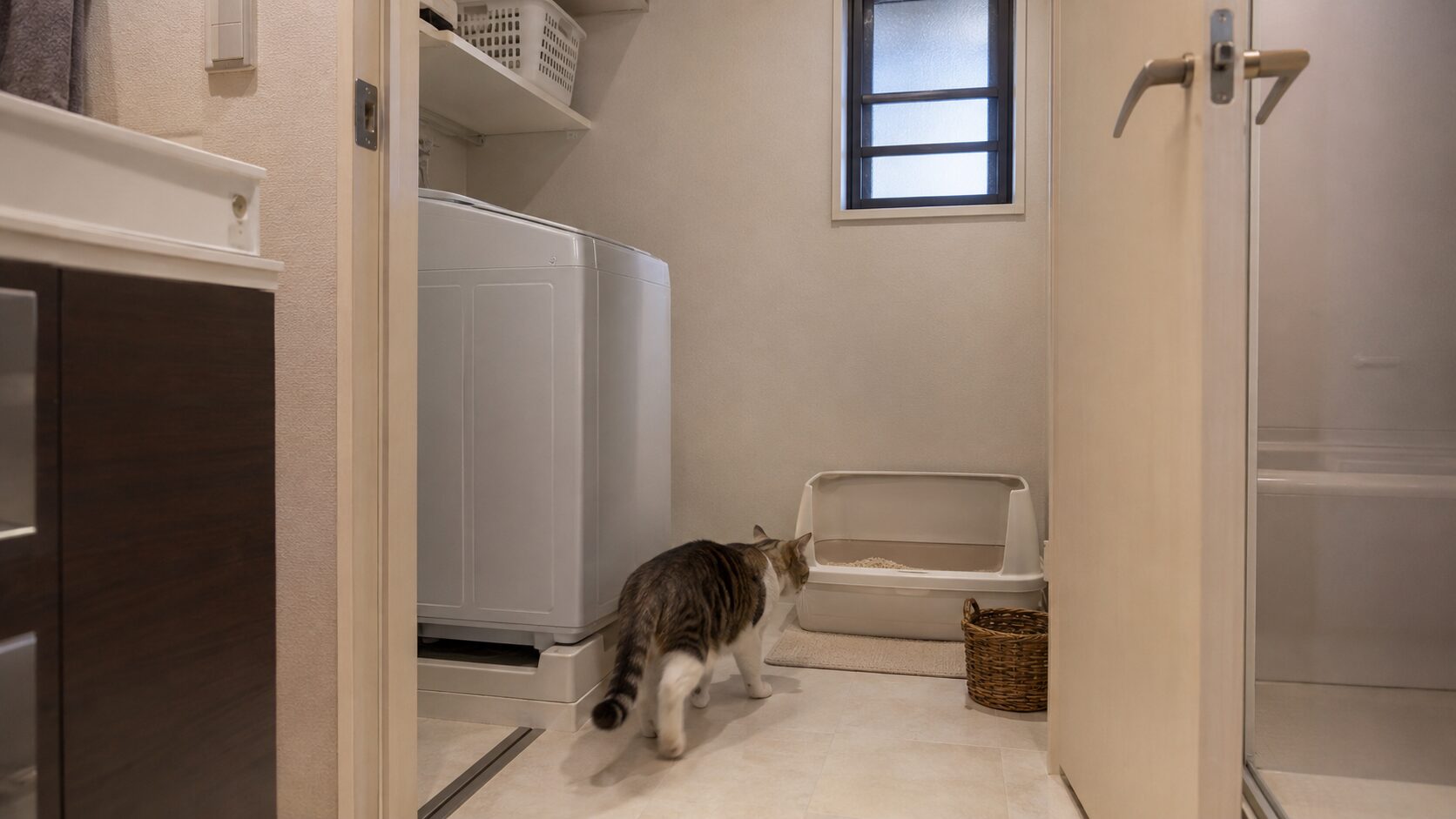 洗面所や脱衣所の換気しやすい場所に猫トイレを置いた配置例