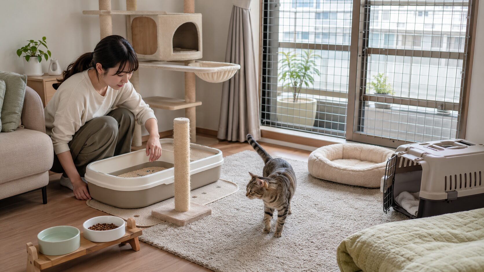 一人暮らしの部屋で、日本人女性が猫用トイレやキャリーを準備し、猫を迎える環境を整えている様子