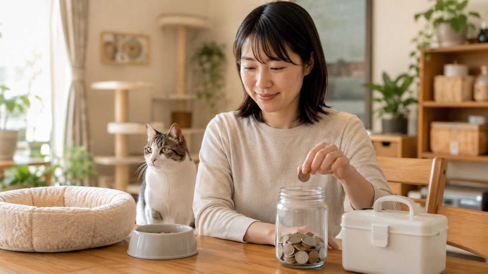 猫の医療費に備えて貯金する日本人女性と猫