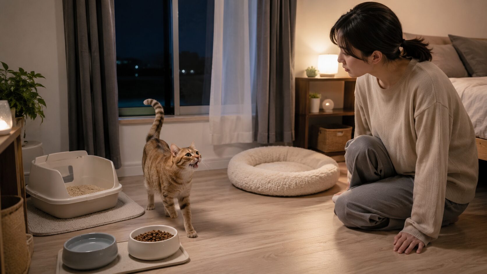 猫が夜中に鳴く原因としてごはん水トイレを確認する飼い主