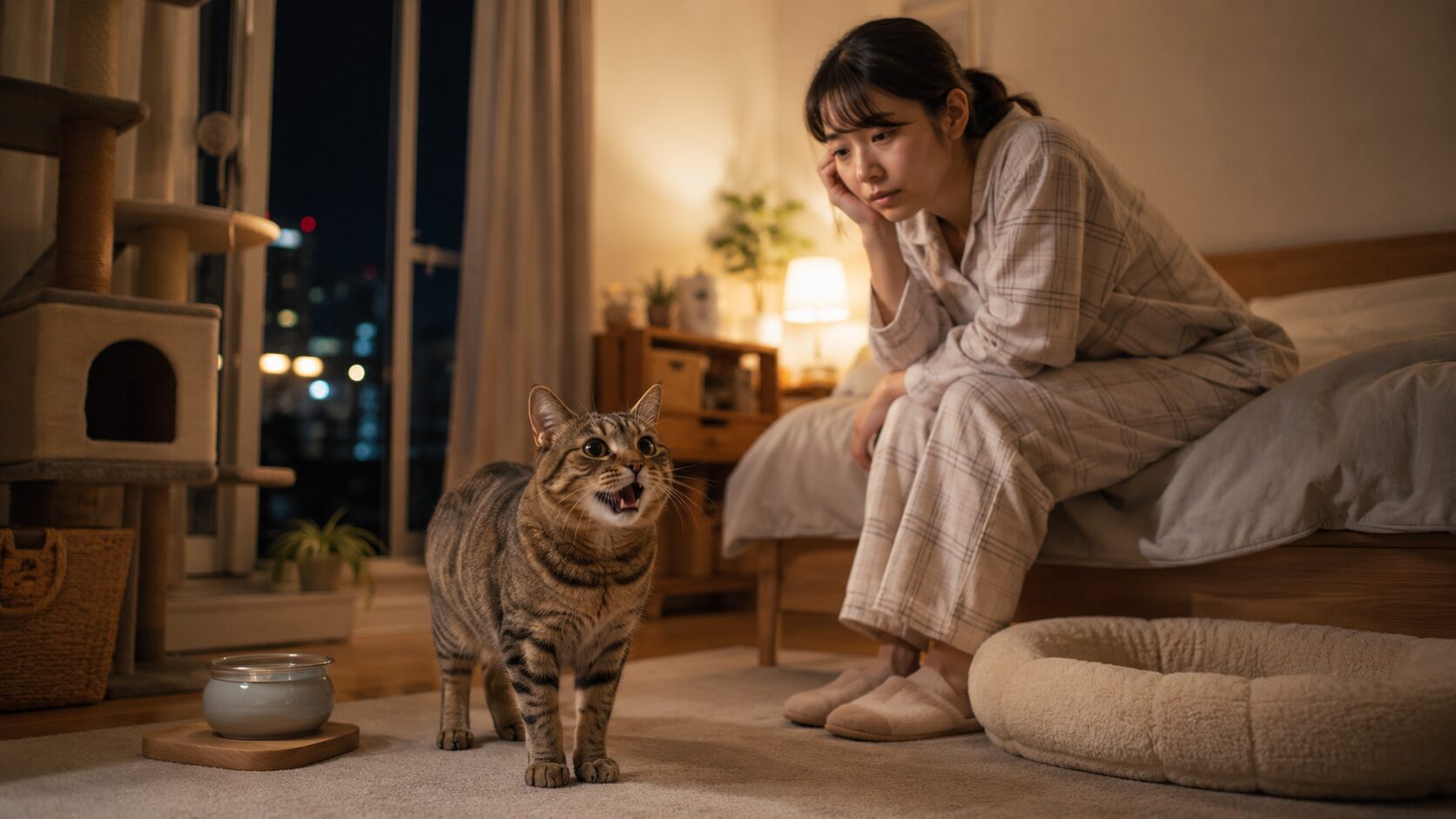 夜中に鳴く猫を心配そうに見守る飼い主の様子