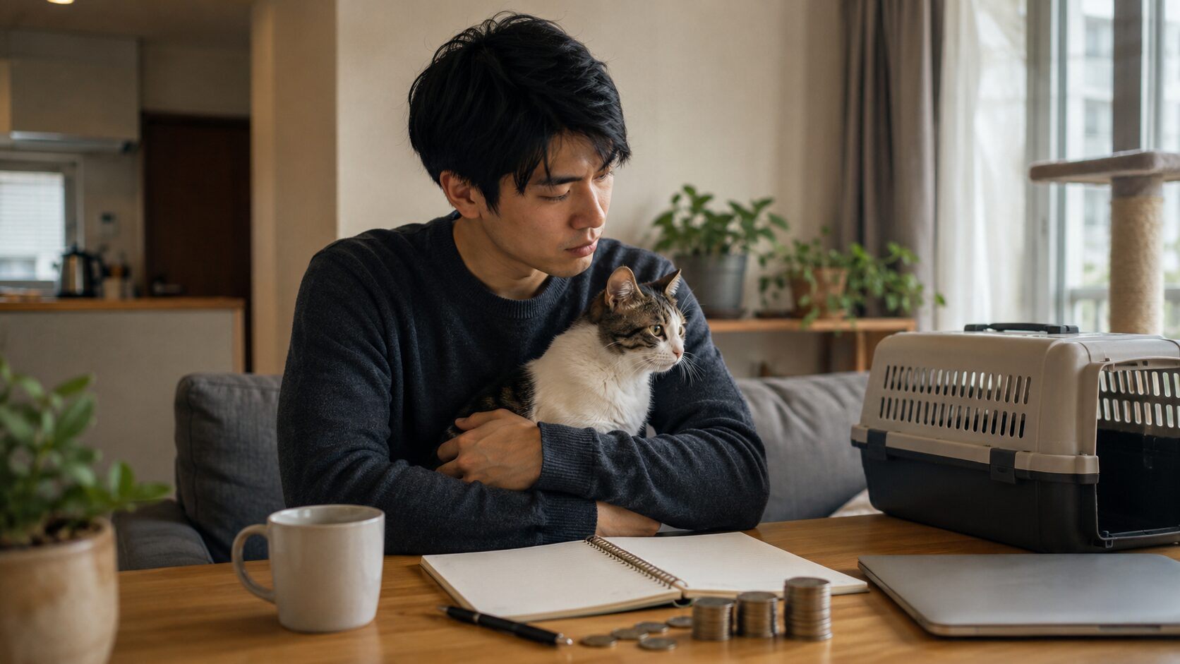 猫を飼って後悔しないために、費用や将来の責任を考える日本人男性と猫